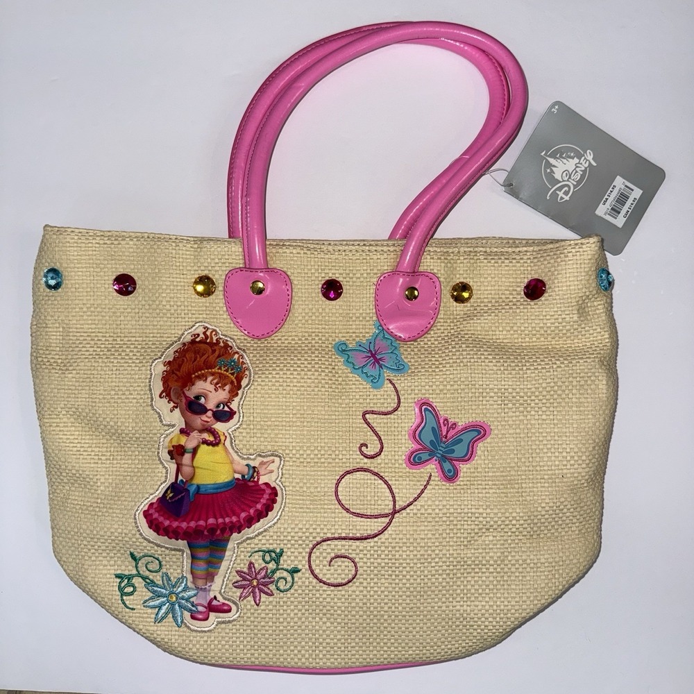 NWT Disney Fancy Nancy Straw Tote Bag Pink Handles Kids Beach Bag